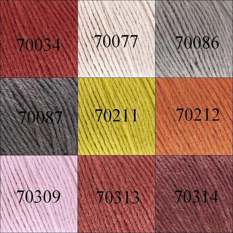 May include: A color chart of yarn samples with the following numbers: 70034, 70077, 70086, 70087, 70211, 70212, 70309, 70313, 70314.