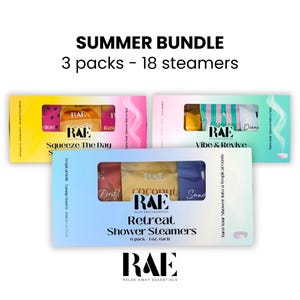May include: A summer bundle of shower steamers in three packs, with a total of 18 steamers. Each box is a different color, with the text "Squeeze The Day", "Vibe & Revive", and "Retreat Shower Steamers". The brand name "RAE" is visible.