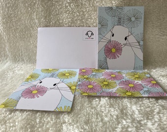 Set of 3 Post Cards - flowers and rabbits