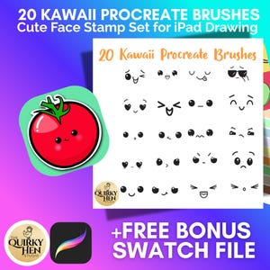 May include: A digital art set featuring 20 Kawaii Procreate brushes with cute face stamp designs for iPad drawing. The image includes a red tomato illustration and the text "20 Kawaii Procreate Brushes".
