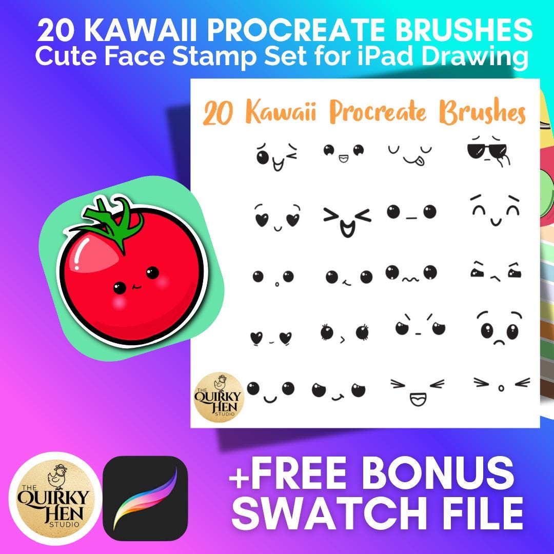 20 pinceles Kawaii para Procreate | Set de sellos de caritas para iPad, expresiones chibi + paleta y guía bonus
