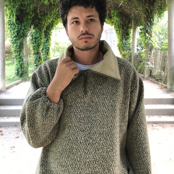 Hermes green wool oversize sweatshirt with a khaki cotton lined sea collar