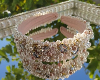 New Handmade Embroidery Glamorous Elegant Gems and Rhinestones Quality Headband Sparkly Red Pink Crystal Gem Headbands Padded Diamante  main image 2