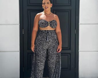 Beachwear Pant Set: Brazilian Knit Bandeau Top & Wide Leg Pants