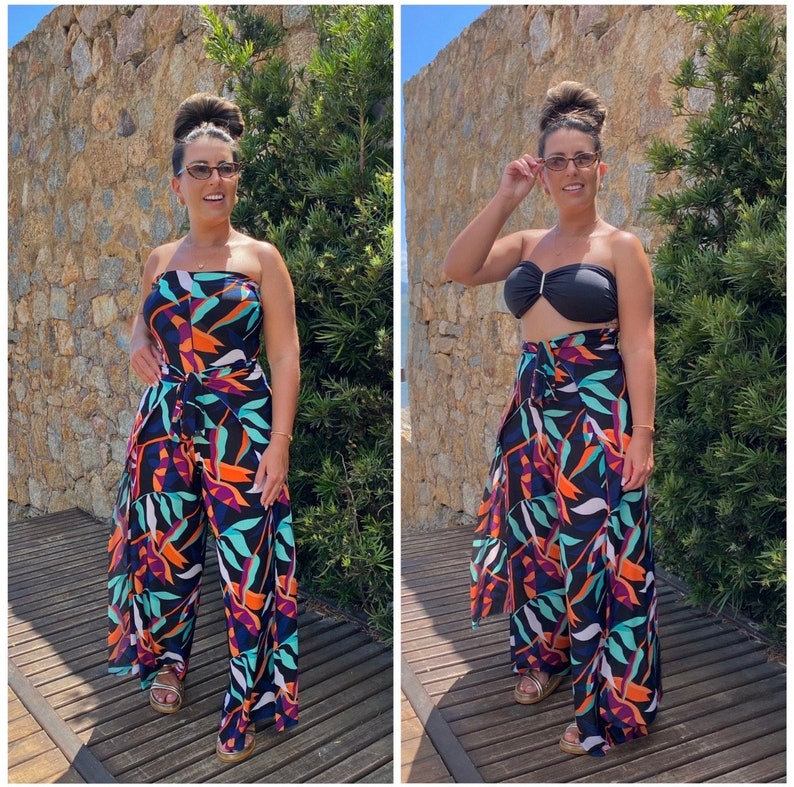 5 in 1 Backless Wide Leg Jumpsuit Versatile Wrap Pants Jumpsuit Wide Leg Jumpsuit Outfit Summer Elegant Jumpsuit From Beach Style to Wedding Colorful Leaf