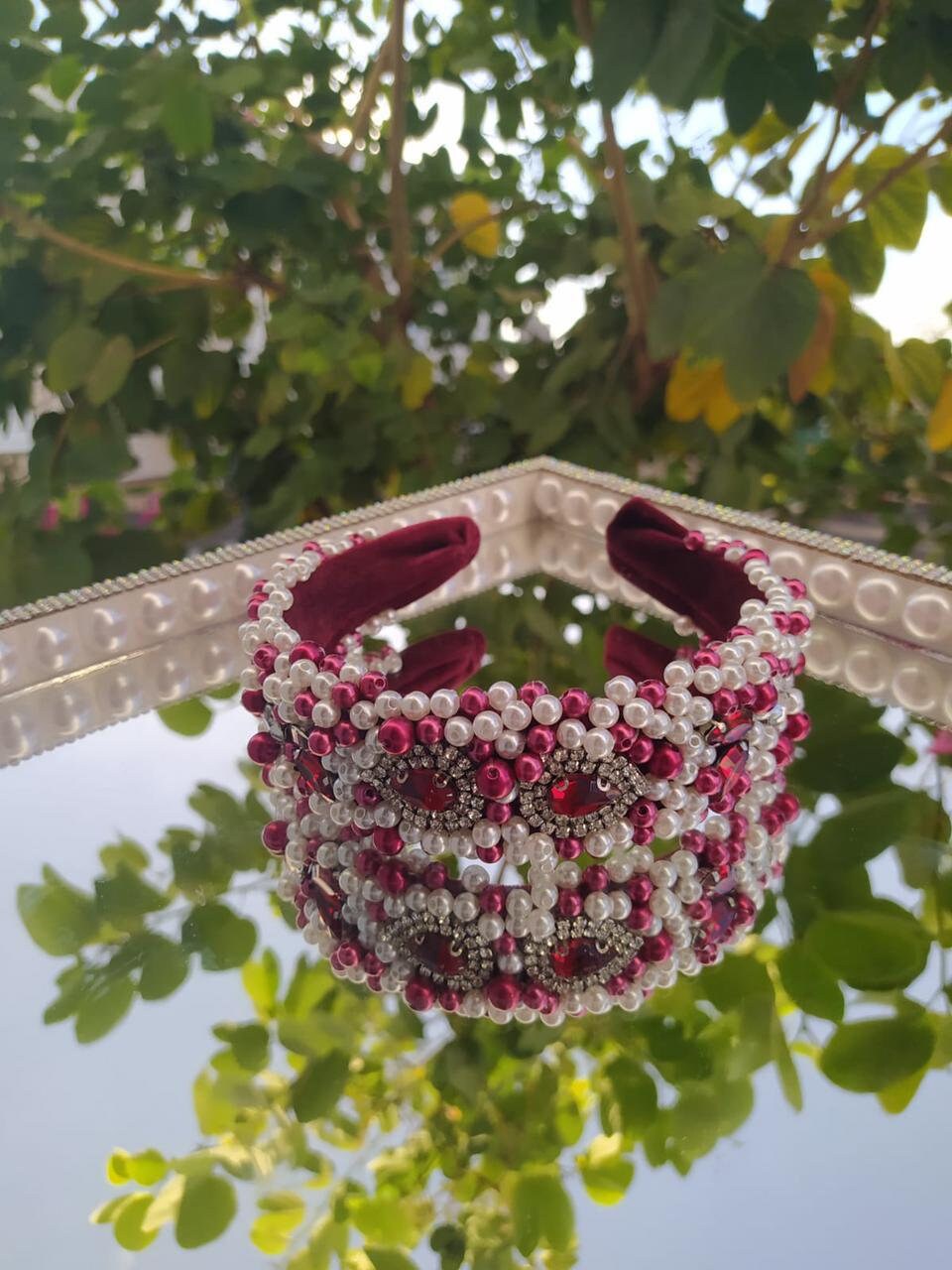 New Pink Handmade Embroidery Glamorous Beads, Gems and Pearls Quality Headband Handmade Pink Headband With Pearls & Beads | Bold Elegant  main image 3