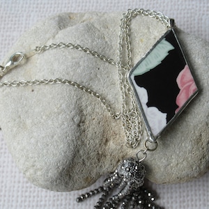 Broken China Jewelry - China pendant necklace with chain - antique china pendant - Black Pink Green White design - China Wear, Antique China