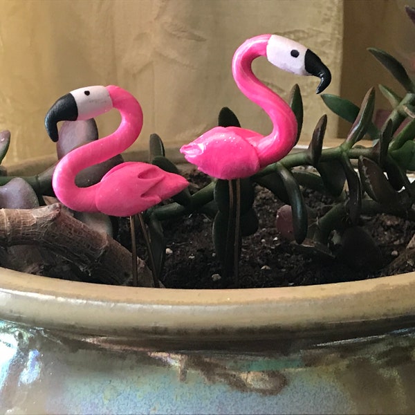 2 for 10 Mini hot pink flamingos for fairy gardens and flower pot decorations