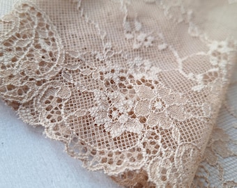 Beige Lingerie Stretch Lace Trim, Floral Galloon Lace, Elastic Scalloped Lace, By The Meter 23.5 cm / 9" Wide, Nr 054