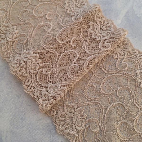 Beige Stretch Lace Trim for Lingerie, Elastic Lace, width 15.5 cm / 6.1", Nr Q7217