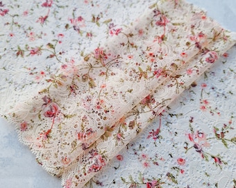 Ivory floral print stretch lace trim, Elastic lace for lingerie sewing, Printed lace fabric, 23.5 cm / 9.3" Wide, Nr 807
