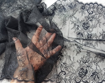 3.22 yards Black Eyelash French Lace, Chantilly Lace Fabric, Nonelastic Extra Wide Lace, width 16.85" / 42.8 cm, Nr 657