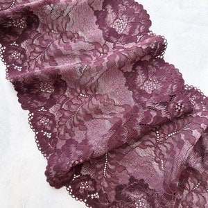 Wine Purple Stretch Lace Trim, Scallop Edge Lace Lingerie Sewing, width 23 cm / 9.05&quot;, Nr 810