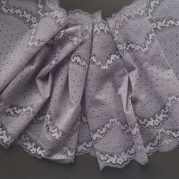 Smoky Lilac Stretch Lace Trim, Wide Floral Elastic Lace, Table Runner Lace width 23.6 cm / 9.3", Nr 251