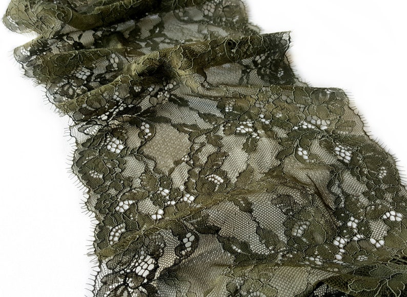 Khaki Chantilly lace trimming, Eyelash stretch lace, Lingerie lace trim, French lace, width 23.6 cm / 9.05, Nr 516 image 6
