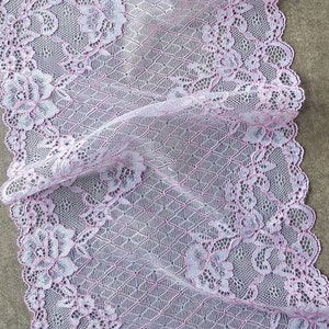 White Pink Elastic Lace Trim, Floral Wide Stretch French Lace, width 8.2&quot; / 20.8 cm, Nr Q4113