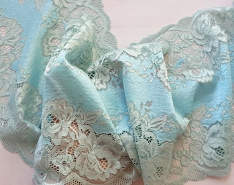 Light Blue Stretch Lace Trim, Wide Elastic Lace Bra Making, width 23 cm / 9.05", Nr 739