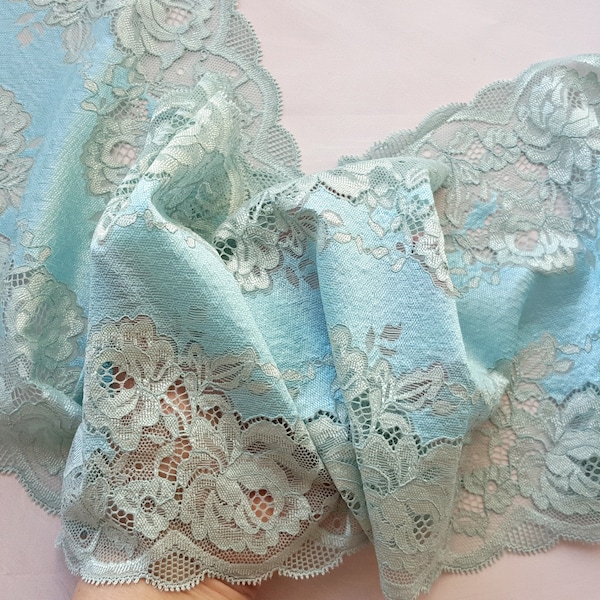 Light Blue Stretch Lace Trim, Wide Elastic Lace Bra Making, width 23 cm / 9.05", Nr 739