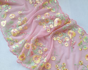 Pink Embroidered Floral Tulle Lace Trim, 24 cm / 9.4" Wide, Nr 919