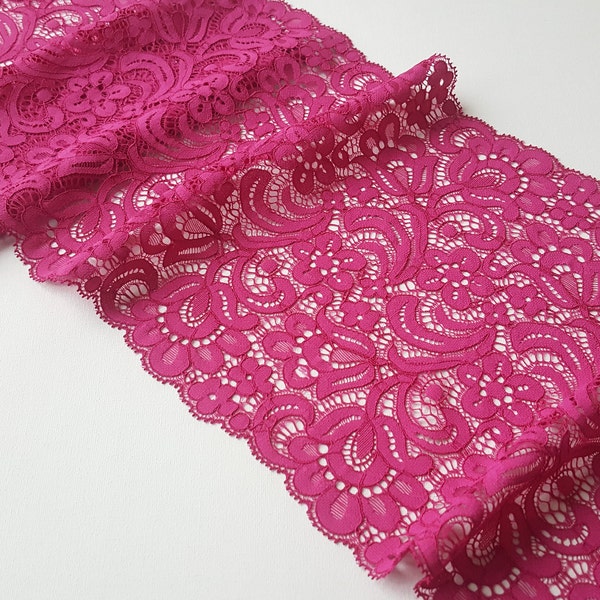 Pink Fuchsia Floral Stretch Lace, Corded Elastic Lace Trim Bra Making, width 23 cm / 9", Q4106