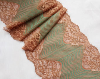 Green Brown Stretch Lace Trim, Elastic Lace Fabric, Wedding Lingerie Lace, width 24 cm / 9.44", Nr 642