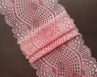Light Rose and Coral Chantilly Stretch Lace Trim, Eyelash Elastic Lace, French lace, width 22 cm / 8.66", Nr 682