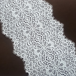 White Chantilly eyelash lace, Stretch lace, Lingerie lace trim, French lace width 20.5 cm / 8.1&quot;, Nr 700