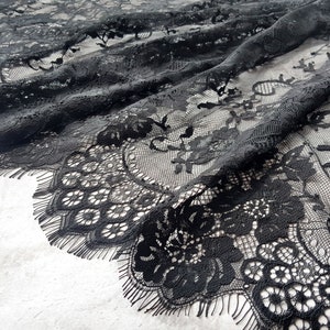 3.22 yards Black Chantilly Lace Fabric, Nonelastic Eyelash French Lace, Extra Wide Lace, width 27.56&quot; / 70.5 cm, Nr 656