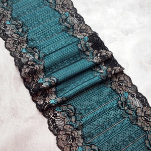 Stretch Lace Trim for Lingerie, Teal Blue with black and bronze Elastic Lace, width 23 cm / 9.05", Nr 684