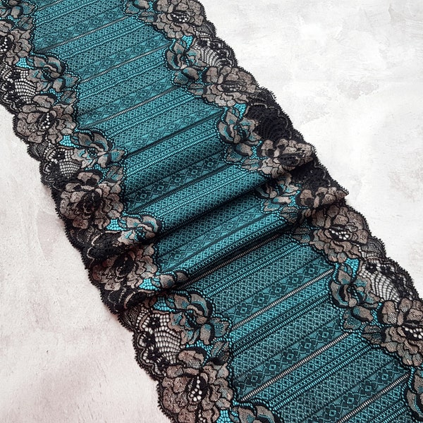 Stretch Lace Trim for Lingerie, Teal Blue with black and bronze Elastic Lace, width 23 cm / 9.05", Nr 684