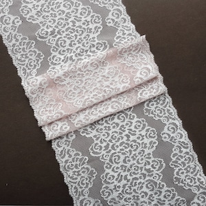 Blush Pink and Silver Stretch Lace Trim, Elastic Lace Fabric, Lurex Lace width 18 cm / 7.08", Nr Q2350