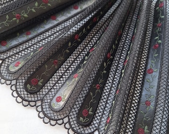 Black Embroidered Mesh Lace Trim, Bright Lace Fabric, Nonelastic Floral Lace, 22 cm/ 8.6" Wide, Nr 892