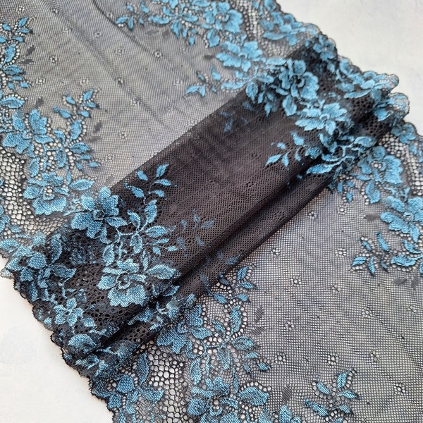 Stretch Lace Trim for Lingerie, Black and Blue Elastic Lace for Bra, width 30 cm / 11.8", Nr 812