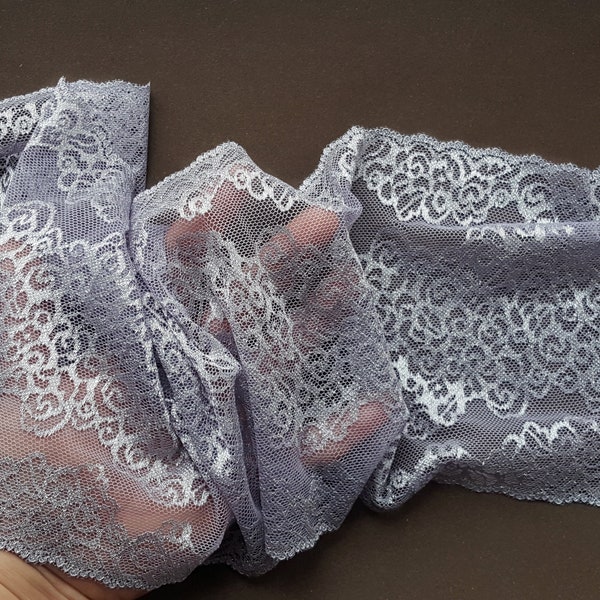 Smoked Lilac and Silver Stretch Lace Trim, Elastic Lace Fabric, Lurex Lace width 17.5 cm / 6.9", Nr Q2351