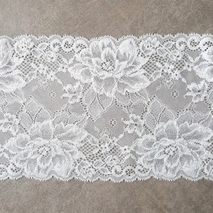 May include: White lace trim with a floral pattern.