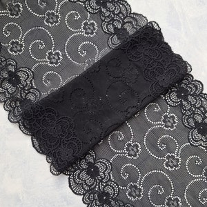 Black wide stretch lace trim, Floral elastic lace fabric lingerie sewing, width 24 cm / 9.4", Q4188