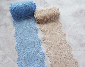 2.18 yards Beige Stretch Lace Trim, Light Blue Vintage Style Elastic Lace, width 11 cm / 4.33", Nr 669, 670