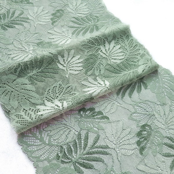 Mint Leaves Stretch Lace Trim, Lingerie Sewing Floral Elastic Lace, French Lace, width 23cm / 9.05", Nr 750