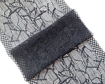 Black Stretch Lace Trim for Lingerie Sewing, 24 cm / 9.4" Wide, Q7100
