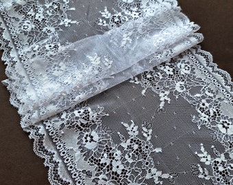 White Stretch Lace, Wide Floral Elastic Lace Trim, Bra Making, 23 cm / 9,05" Wide, Q7090