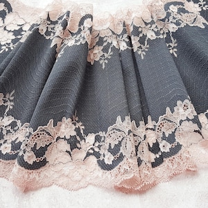 Graphite Stretch Lace Trim, Wide Elastic Lace Fabric, Wedding Lingerie Lace, 24 cm / 9.45" Wide, Nr 696