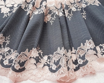 Graphite Stretch Lace Trim, Wide Elastic Lace Fabric, Wedding Lingerie Lace, 24 cm / 9.45" Wide, Nr 696