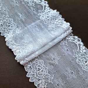 White stretch lace, Elastic floral lace trim, Lingerie lace width 18 cm / 7.08&quot;, Q7012