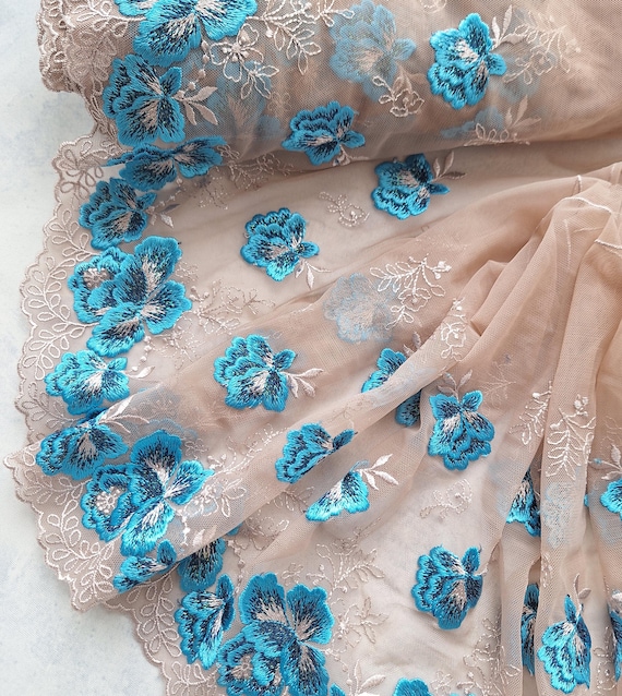 Beige Blue Embroidery Tulle Lace Trim, Stretchy Bright Mesh Lace