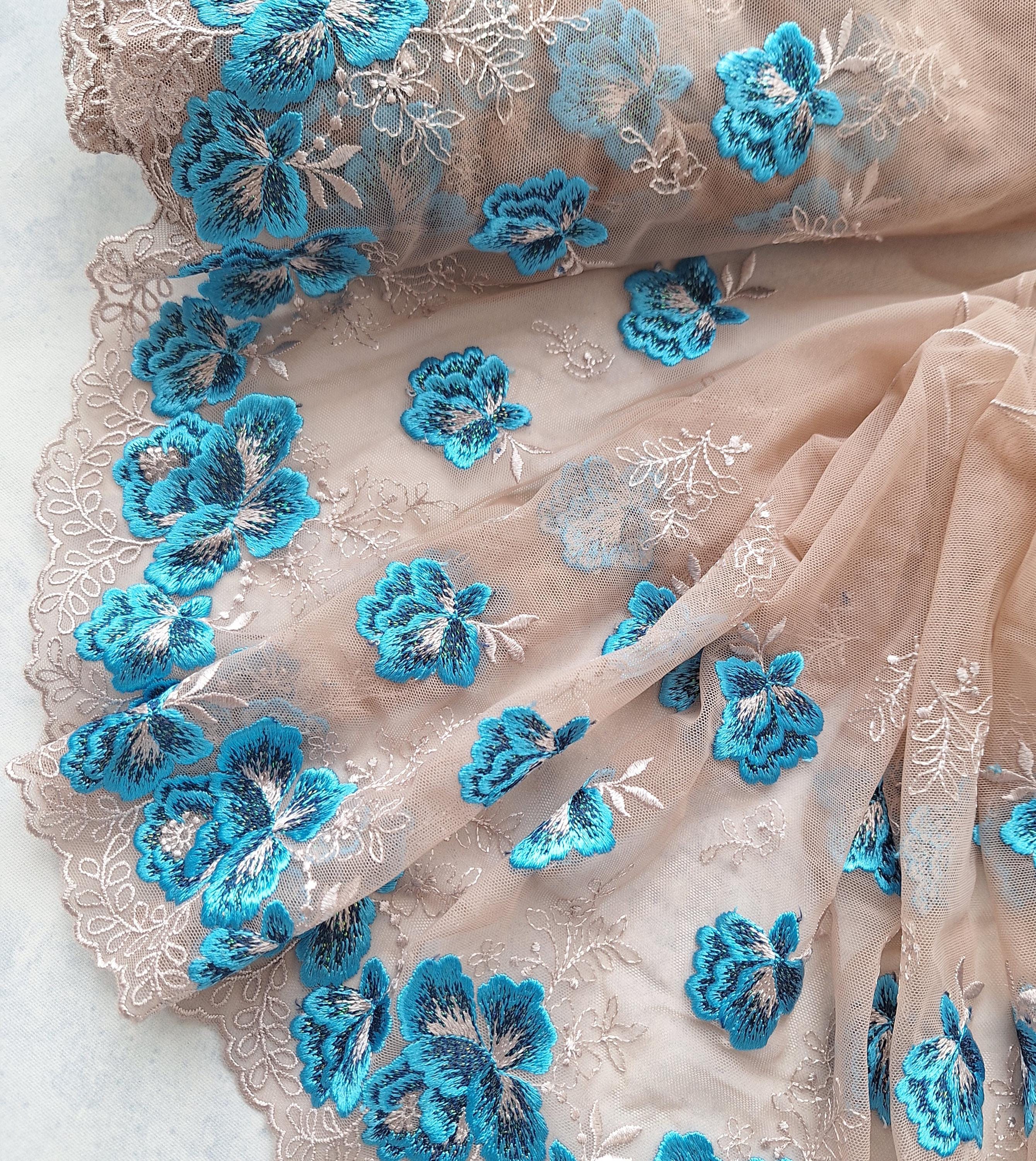 TULLE EMBROIDERY LACE MA-1 最終値下げ Beige Blue Embroidery Tulle Lace Trim, Stretchy Bright Mesh Lace