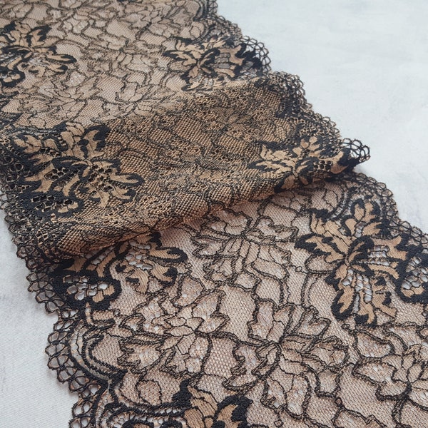 Stretch Lace Trim for Lingerie, Brown with black and bronze Elastic Lace, width 18.3 cm / 7.2", Nr 786