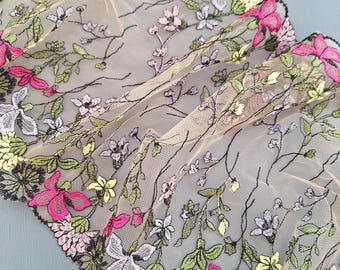 Colorful Embroidered Floral Tulle Lace Trim for Lingerie Sewing, 24 cm / 9.4" Wide, Nr 092