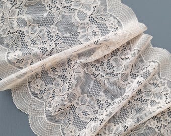 Beige Stretch Floral Lace Trim, Scalloped Galloon Edging for Lingerie, 23.5 cm / 9.2" Wide, Nr 084