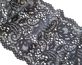 Black Lingerie Stretch Lace Trim, Floral Galloon Lace, Scalloped Edges, Lingerie Sewing, 22 cm / 8.6" Wide, Nr 299