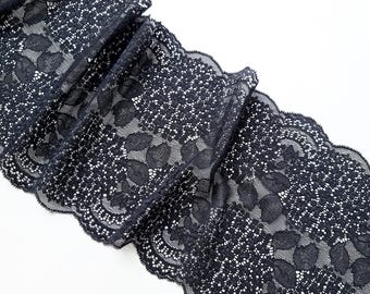 Black Lingerie Stretch Lace Trim, Floral Galloon Lace, Elastic Scalloped Lace, By The Meter 20.5 cm / 8.07" Wide, Nr 483